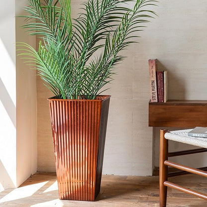 22in Vintage Handmade Metal Vertical Lines Copper Tapered Planters,Planter Box with Drainage Holes and Saucer -Set of 2, Galvanized Steel Planter for Indoor/Outdoor/Porch/Garden