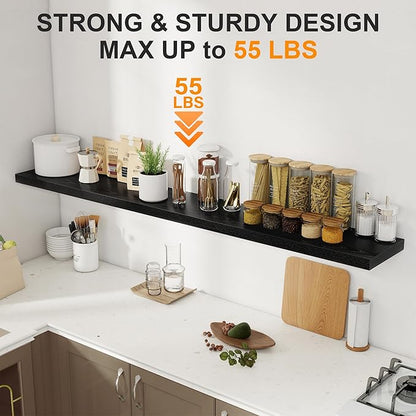 72 Inch Floating Shelves for Wall, 8 Inch Deep Floating Shelf, Large Shelves with Invisible Bracket for Books|Storage, Rustic Wood Wall Shelf for Bedroom, Kitchen, Living Room, Black