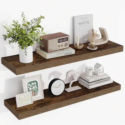 36 Inch Floating Shelves, 36"x9.25"x1.5" Inch Deep Floating Shelves for Wall, Wooden Shelves for Bathroom, Bedroom, Living Room, Brown, 2 Pieces