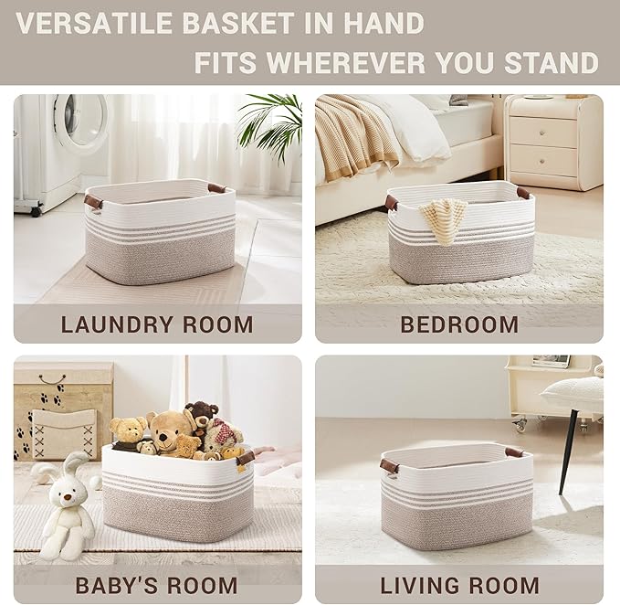 60L Large Laundry Basket with Leather Handles for Living Room Storage, Woven Rope Baskets Bin for Blanket, Kids Toy, Gifts, Wicker Hamper for Bedroom Dirty Clothes, 21"x15"x11" White Brown