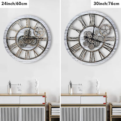 The B-Style Large Real Moving Gears Wall Clock 30 inch Rustic Retro Industrial Farmhouse Wood Clock Oversized Decorative Vintage Wall Clocks for Living Room (Silver Gray)