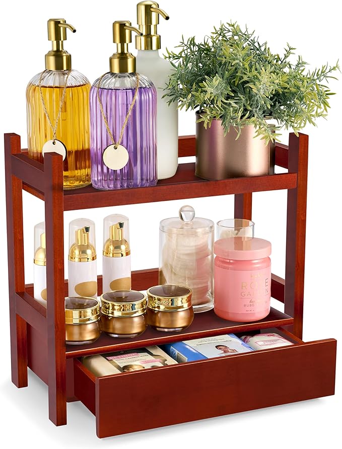 Sorbus Bamboo Bathroom Counter Organizer – 2-Tier Shelf with Hidden Drawer for Vanity, Matcha Station, Bathroom Sink Organizer Countertop, Kitchen & Office Storage (13″ L x 6.5″ W x 12.6″ H) (Brown)