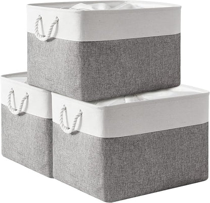 TheWarmHome Storage Bins Baskets for Organizing, 20.5L×15.7W×13.8H 3 Pack Sturdy Fabric Storage Basket W/Handles, Decorative Foldable Storage Baskets for Shelves Closet Nursery Toy (White & Grey)