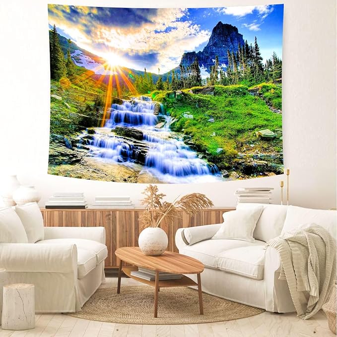 Delur Mountain Waterfall Tapestry Sunset Forest Tree Nature Landscape Tapestry Wall Hanging Tropical Sunrise Rainforest Psychedelic Scenic Headboard for Bedroom Living Room Home Decor (70.8" x 92.5")