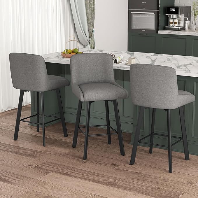 Swivel Counter Height Bar Stools Set of 3, 26''H Upholstered Barstools with Backs, Modern Bar Stool Chairs for Kitchen Island, Metal Legs, Fabric, Gray Stools Counter Chair