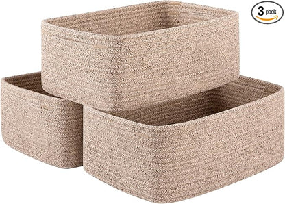 3 Pack Small Storage Baskets for Organizing, Cute Woven Decorative Gift Baskets for Shelves, Mini Closet Organizer Bins with Handles-13''Lx8.66''Wx5.11''H-Brown