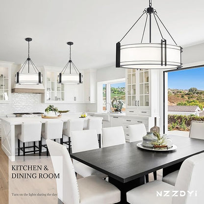 20.4''Drum Chandelier,5-Light Fabric Modern Chandeliers,Black Farmhouse Round Pendant Light Fixture for Dining Room Kitchen Island Living Room Bedroom Hallway