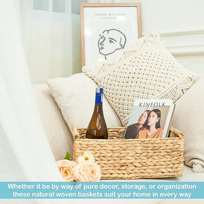 VATIMA Hyacinth Large Wicker Basket 15.5x10.8x6.2" - Rectangular, Wooden Handles, Shelf Organizer