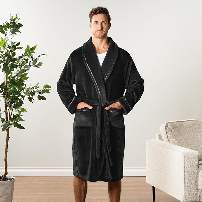 PAVILIA Mens Soft Robe | Warm Fleece Robes for Men, Soft Spa Bathrobe with Shawl Collar and Pockets