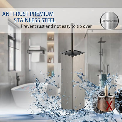 BGL Square Toilet Brush with Holder,Stainless Steel Rubber Painted Toilet Bowl Brush and Holder for Bathroom,2 Cleaner Brush Heads,Brushed Nickel