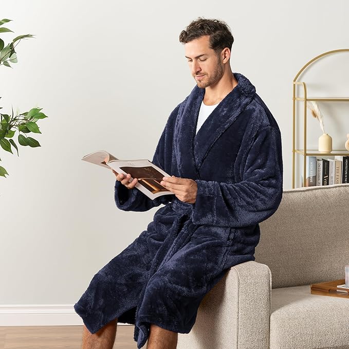 PAVILIA Mens Soft Robe, Plush Fluffy Fleece Bathrobe Men, Long Sherpa Shaggy Spa Robe