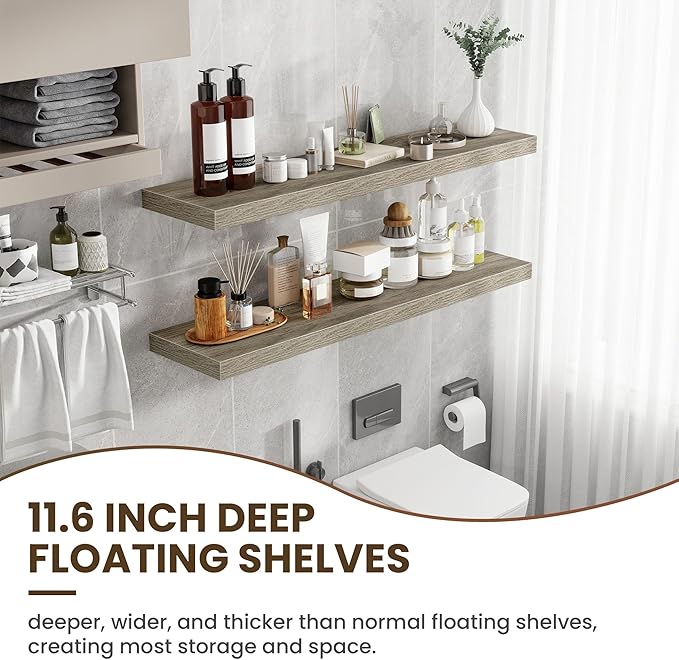48 Inch Floating Shelves, 12 Inch Deep Floating Shelves for Wall, Floating Shelf with Invisible Brackets, 12 inch Deep Wall Shelves for Bathroom, Bedroom, Living Room, Vintage Gray Oak