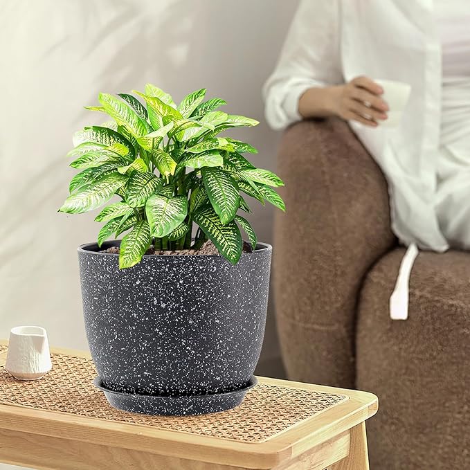 9/8/7.5 inch Plant Pots, Set of 3 Modern Decorative Plastic Planters with Drainage Holes and Saucer for Garden House Plants, Flower Pots for Indoor Outdoor Plants, Speckled Black