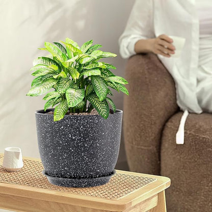 9/8/7.5 inch Plant Pots, Set of 3 Modern Decorative Plastic Planters with Drainage Holes and Saucer for Garden House Plants, Flower Pots for Indoor Outdoor Plants, Speckled Black