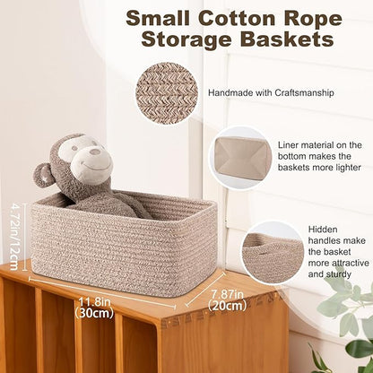 3 Pack Small Storage Baskets for Organizing, Cute Woven Decorative Gift Baskets for Shelves, Mini Closet Organizer Bins with Handles, 11.81''Lx7.87''Wx4.72''H-Brown