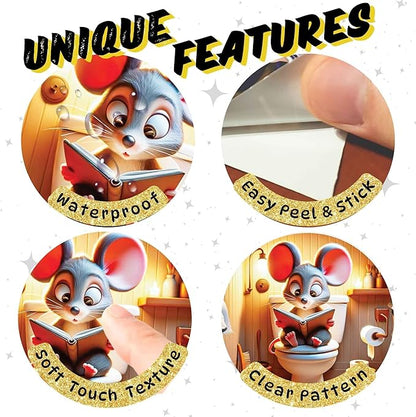 3D Mouse Sitting on Toilet - Mousehole Wall Sticker Decal - Removable Bathroom Decor - Kids Room - Peel & Stick - Whimsical Home Decor - MICESTERPIECE