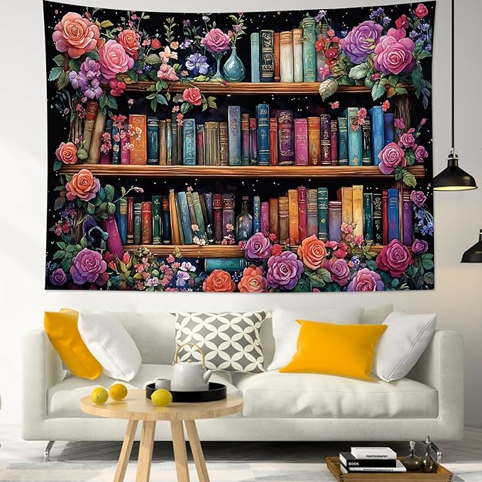 HVEST Bookshelf Tapestry Wall Hanging Pink Floral Green Leaf Watercolor Plant Botanical Aesthetic Tapestry Vintage Library Book Tapestries for Bedroom Living Room Dorm, 51L x 59W Inches