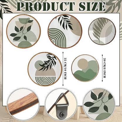 Qunclay 5 Pcs Wall Art Decor Wooden Living Room Wall Decor Bohemian Hanging Farmhouse Geometric 10'' and 8'' Aesthetic Wood Minimalist Posters for Bedroom(Greenery)