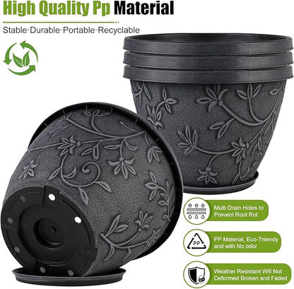 4 Pack 16 Inch Large Plant Pot for Outdoor, Plastic Flower Pot Indoor with Drainage Hole & Saucer, Modern Decorative Garden Pot, Imitation Magnolia Garden Pots for House Planters（Gray）