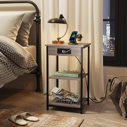 WLIVE End Table with Charging Station, Small Night Stand with 3 Storage Shelves, Side Tables for Small Spaces, Bedside Tables for Living Room, Bedroom, Grey