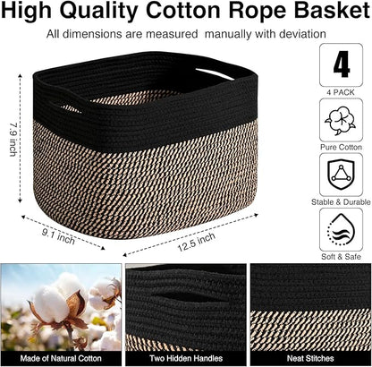 Storage Baskets for Shelves Organizing, Woven Cotton Rope Baskets for Storage, Book Basket, Decorative Shelf Basket, 12.5"Lx9.1''Wx7.9''H (4 Packs) Black & Jute