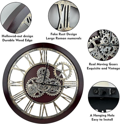 The B-Style Large Wall Clock 24 inch Moving Gear Wall Clock Oversized Vintage Farmhouse Wall Clocks for Living Room Decor Rustic Industrial Wood Clock (Cherry red and Bronze)