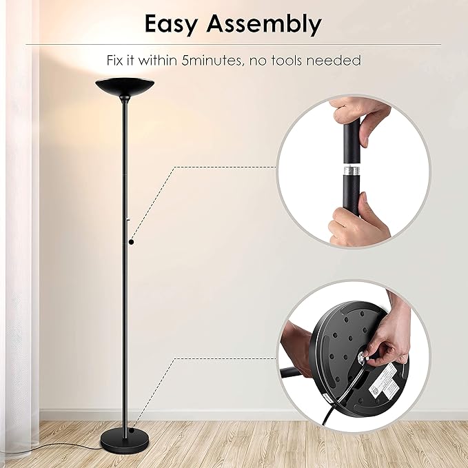 BoostArea Torchiere Floor Lamp, 30W Super Bright LED Standing Lamp, Stepless Dimmable Pole Lamp with 3000K Lighting, Rotary Switch, 70 Inch Tall Metal Modern Floor Lamps for Living Room/Bedroom Black