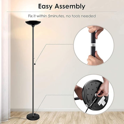 BoostArea Torchiere Floor Lamp, 30W Super Bright LED Standing Lamp, Stepless Dimmable Pole Lamp with 3000K Lighting, Rotary Switch, 70 Inch Tall Metal Modern Floor Lamps for Living Room/Bedroom Black