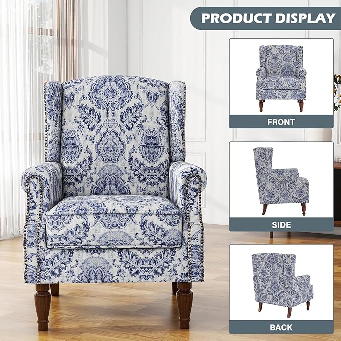 UIXE High Back Floral Accent Chair, Fabric Upholstered Armchair for Living Room, Retro Wingback Arm Chair with Solid Wood Legs, Nailhead Trim Single Sofa Bedroom Reading Seat - Navy Blue