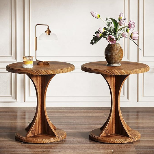 Tribesigns Round End Table for Living Room, Wood Side Table Set of 2, Mid-Century Bedside Nightstand for Bedroom, Accent Table, Easy Assembly, Vintage Brown