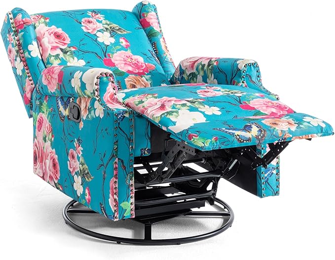 UIXE Swivel Rocker Manual Recliner Chairs Set of 2, Wingback Swivel Glider Fabric Nursery Reclining Sofa Chair, High Back Upholstered Arm Chair for Living Room Bedroom - Peacock Blue