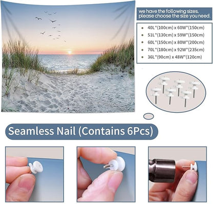 HVEST Ocean Beach Tapestry Wall Hanging, Sunset Seabird and Beach with Grass Wall Hanging Tapestry Natural Landscape Tapestry for Bedroom Living Room Dorm Decoration Wall Decor, 80x60 Inches