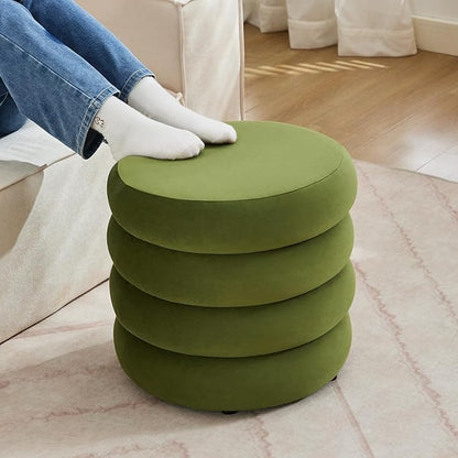 ONEVOG Round Storage Ottoman, 20" Small Ottomans Table with Removable Lid, Velvet Fabric Soft Footrest Stool for Couch, Upholstered Stuffed Circle Seat for Livingroom/Bedroom/Dorm/Vanity, Olive Green
