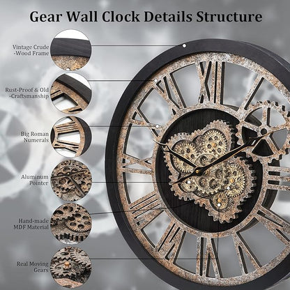 HOIBAI Wall Clock, Large Wall Clocks for Living Room Decor 18 Inch Battery Operated Silent Non-Ticking Modern Farmhouse Vintage Roman Big Wall Clock for Home Bedroom House, Moving Gears Clock