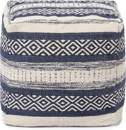 REDEARTH · Tufted Pouf Ottoman with Filler Textured Storage Cube Bean Bag Pouffe Footrest for Living Room, Bedroom, Nursery, Home Decor; 100% Cotton (17.5"X17.5"X17.5", Indigo Impressions)