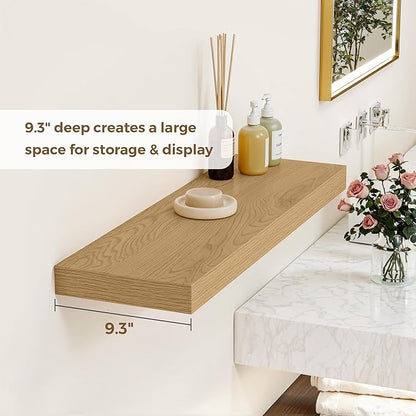 36 Inches Floating Shelves for Wall, 9.3" Deep Long Floating Shelves Set of 2, Large Display & Storage Shelf, Wall Shelf for Bathroom Bedroom Living Room Kitchen Office, Oak