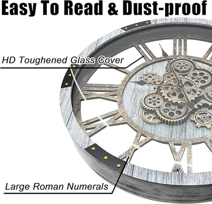 DORBOKER 24" Large Wall Clock with Moving Gears,Oversize Vintage Industrial Rustic Farmhouse Clocks for Living Room Decor Office Home,Solid Wood HD Tempered Glass Cover,Silver Grey