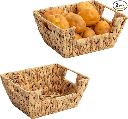 StorageWorks Small Pantry Baskets for Patato and Onion Storage, Wicker Baskets for Organizing with Built-in Handles, Water Hyacinth Pantry Organizers and Storage for Kitchen Shelves, 2 Pack