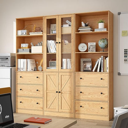 71" Tall Bookshelves Set of 3, 2 Bookcases with Drawers & 1 Bookshelf with Doors, Wooden Bookshelves Floor Standing Display Storage Shelves Home Decor Furniture for Home Office, Living Room