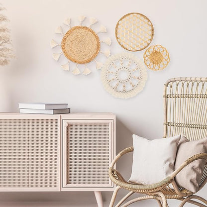 Boho Wall Basket Decor Set of 4 - Flat Woven Basket Wall Hanging Decor,Round Tassels White Macrame Tapestry Wall Decor Art,Handmade Rattan Wicker Seagrass Home Wall Baskets Decor(Wooden Beads Style)