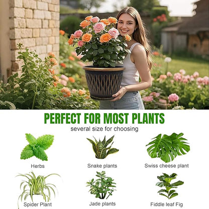 4 Pack 16 Inch Retro Plant Pots, Vintage Striped Flower Pots with Drainage Hole & Saucer, Large Plastic Planters for Indoor and Outdoor Plants, Decorative Garden Pots(Gold)