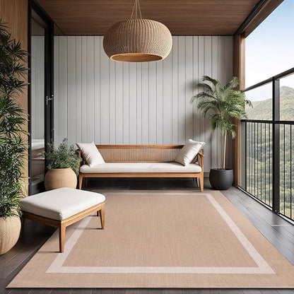 Bordered Outdoor Rug 6x9 Washable Outside Carpet for Indoor Patio Porch Waterproof Easy Cleaning Non Shedding Area Rugs Beige 6 x 9