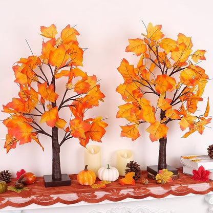 2 Pack 24 Inch Prelit Fall Maple Tree Fall Decor with 48 LEDs Timer Battery Operated Artificial Fall Light Up Tree Maple Acorn for Fall Thanksgiving Decorations Table Home Office Indoor Autumn Harvest