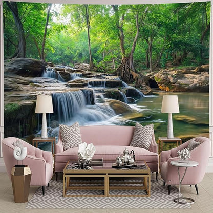 BSFHH Nature Tapestry Forest Tree Sea Cave Wall Hanging, Stream Through Rainforest Landscape Wall Art Tapestry for Bedroom Living room (Creek, 90"×70", Unframed)