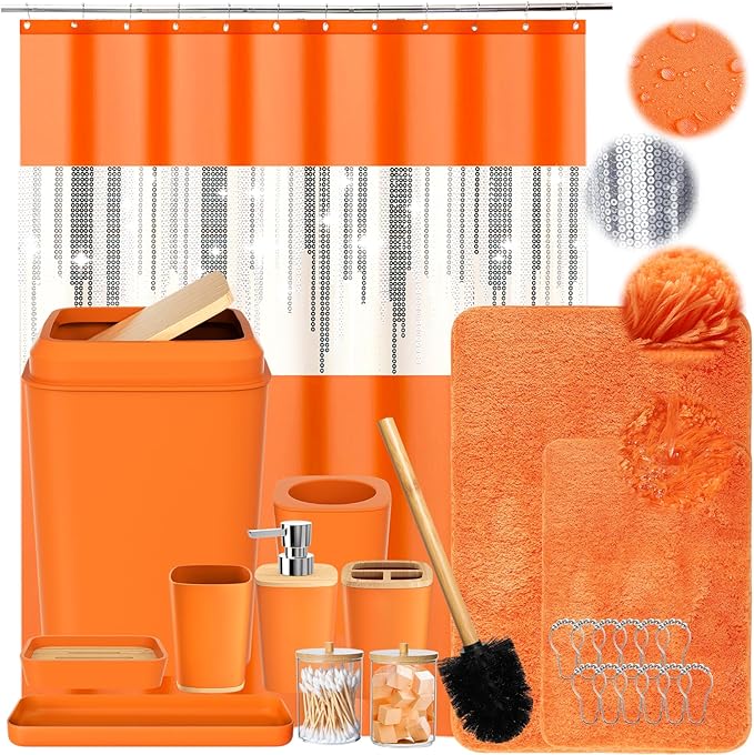 Bathroom Set,Bathroom Sets with Shower Curtain and Rugs Sequin Shower Curtain Set Orange Bathroom Rugs Sets Bathroom Decor