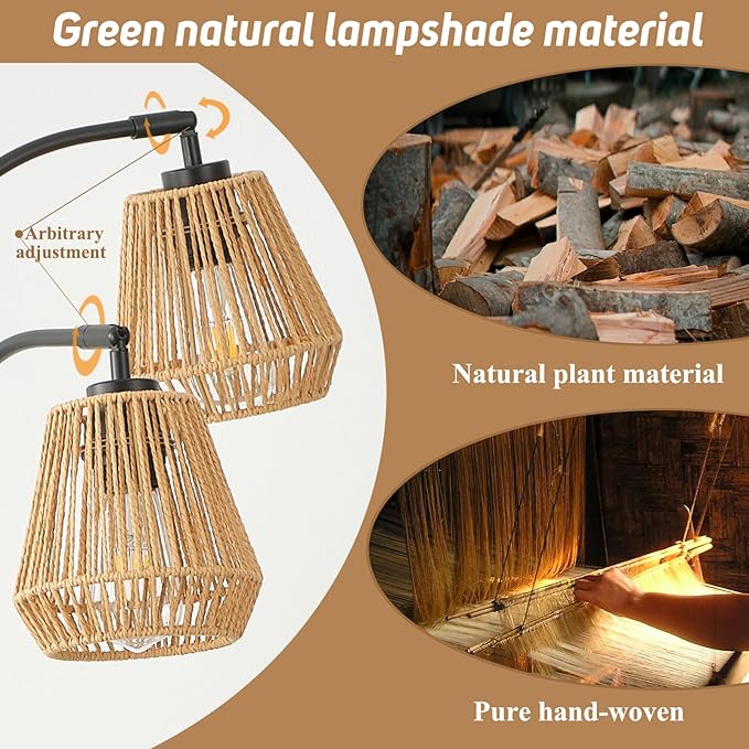 Rattan Floor Lamp for Living Room, 72 Inch Tall Boho Floor Lamp with Rotary Switch, 3 Light Arc lamp with Wicker Shade for Coastal,Bohemian,Rustic,Beach Tree,Farmhouse Standing Lamp