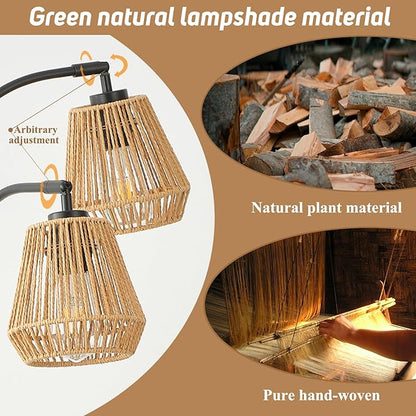 Rattan Floor Lamp for Living Room, 72 Inch Tall Boho Floor Lamp with Rotary Switch, 3 Light Arc lamp with Wicker Shade for Coastal,Bohemian,Rustic,Beach Tree,Farmhouse Standing Lamp