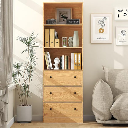 71" Tall Bookshelf with Storage, Bookcase with Drawers, Farmhouse Wooden Corner Book Shelves, Mid Century Modern Book Shelf Wall Standing Home Decor Furniture for Living Room, Bedroom, Office, Kitchen