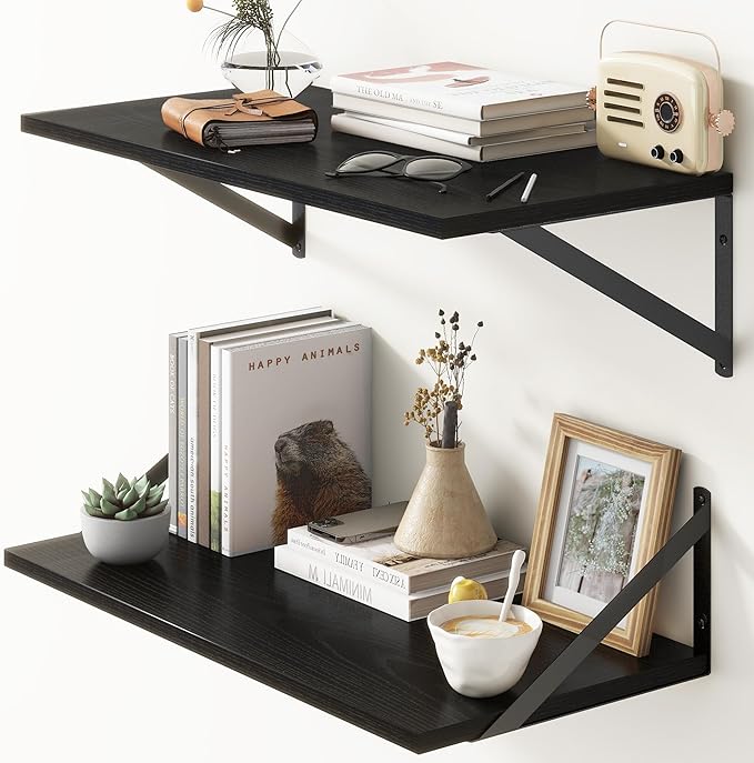 Deep Floating Shelves, 12 Inch Deep Floating Shelves for Wall, 24"W x 12"D Wall Shelves for Books, Rustic Black Wooden Shelves, Large Wide Display Shelf for Bathroom, Living Room, Bedroom, Set of 2