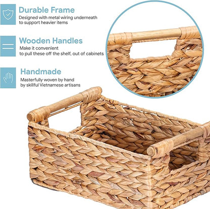 VATIMA Hyacinth Small Wicker Basket 11.6x8.1x4.9" - Bathroom Organizer, Wooden Handle, Decorative Storage